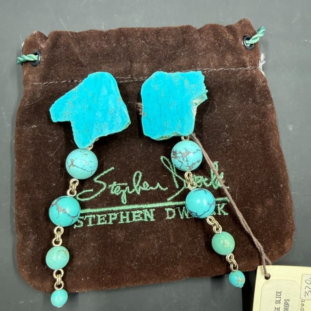 Stephen Dweck 4.25" Turquoise Slice & Bead Clip-On Earrings w/ Pouch & Tag